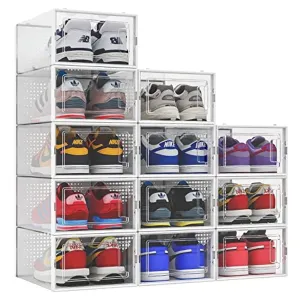 12 Pack Shoe Storage Boxes, Clear Plastic Stackable Shoe Organizer Bins, Drawer