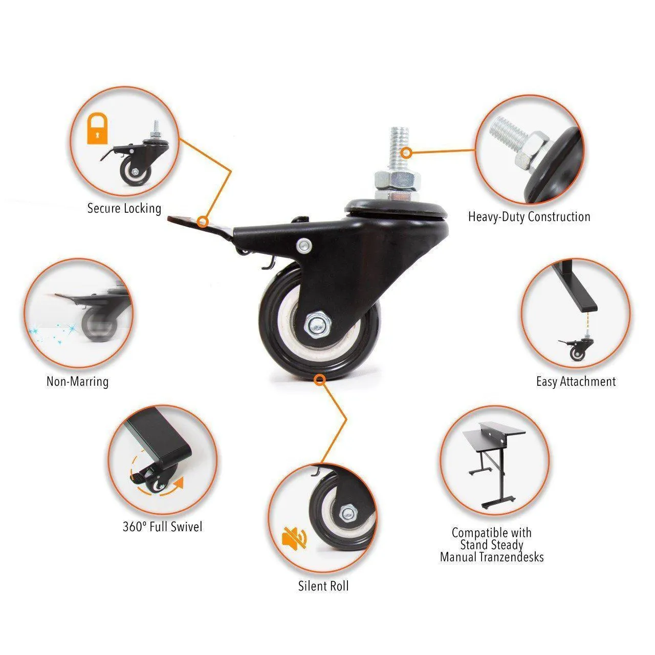 4-Pack Attachable Desk Wheels | Locking Casters for Tranzendesk Standing Desks