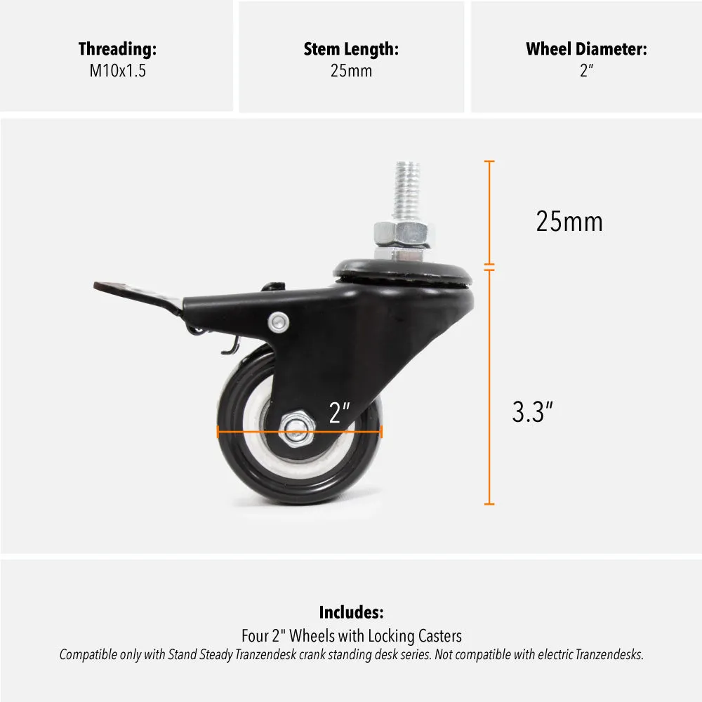 4-Pack Attachable Desk Wheels | Locking Casters for Tranzendesk Standing Desks