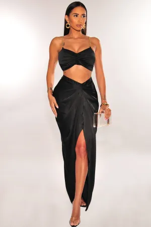 Black Gold Chain Padded Knotted Slit Skirt Two Piece Set