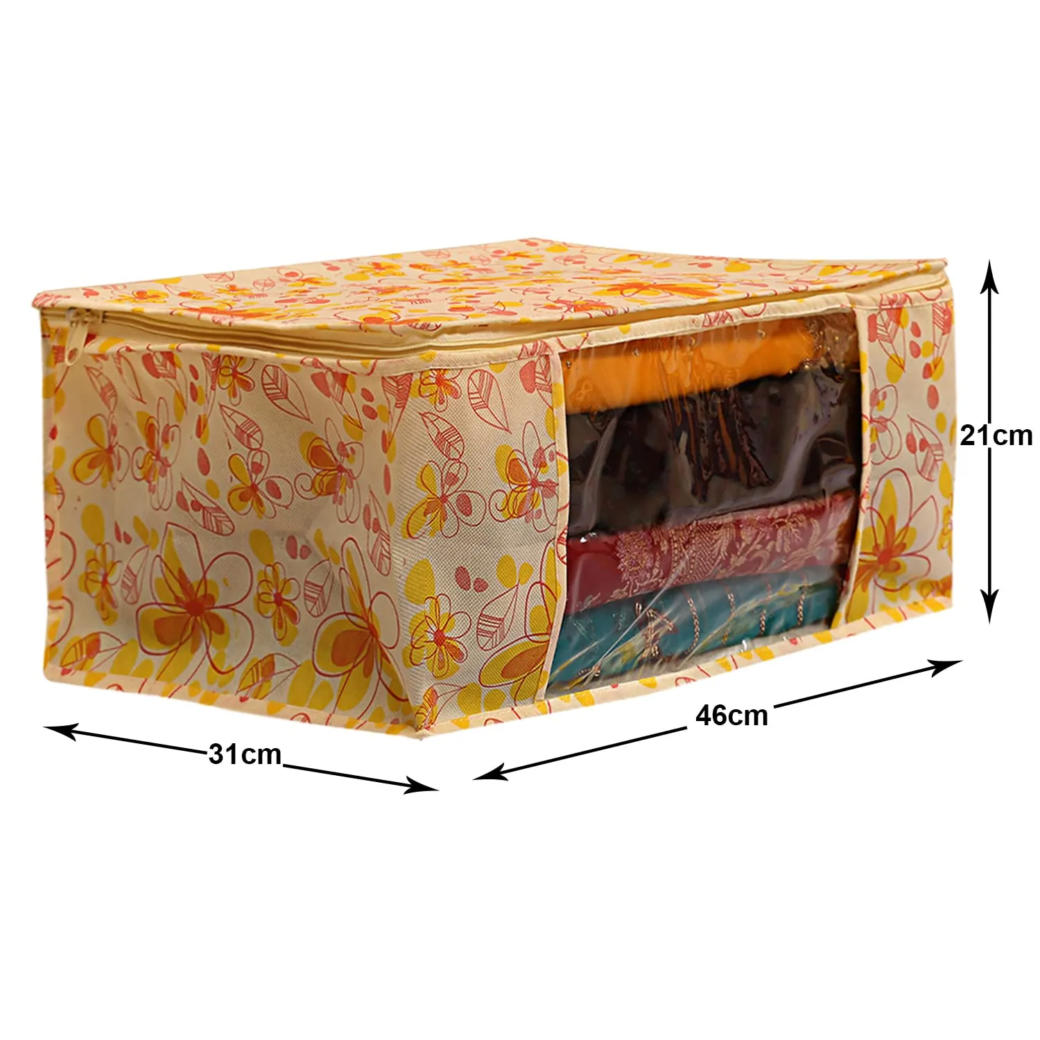 Heart Home Flower Design Non-woven Foldable Saree Cover/Clothes Storage Bag/Wardrobe Organizer With Transparent Window- Pack of 9 (Yellow)-44HH0397