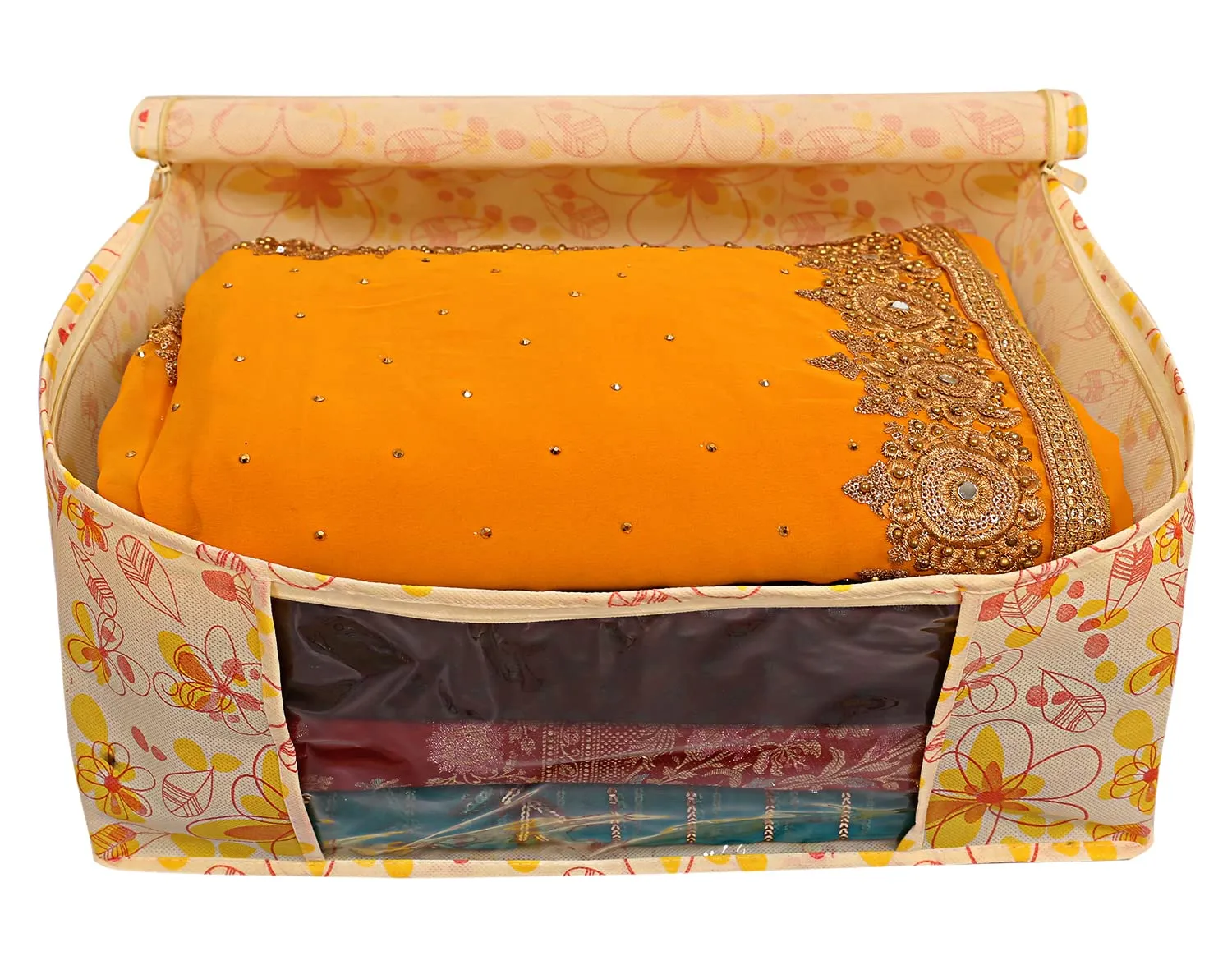 Heart Home Flower Design Non-woven Foldable Saree Cover/Clothes Storage Bag/Wardrobe Organizer With Transparent Window- Pack of 9 (Yellow)-44HH0397