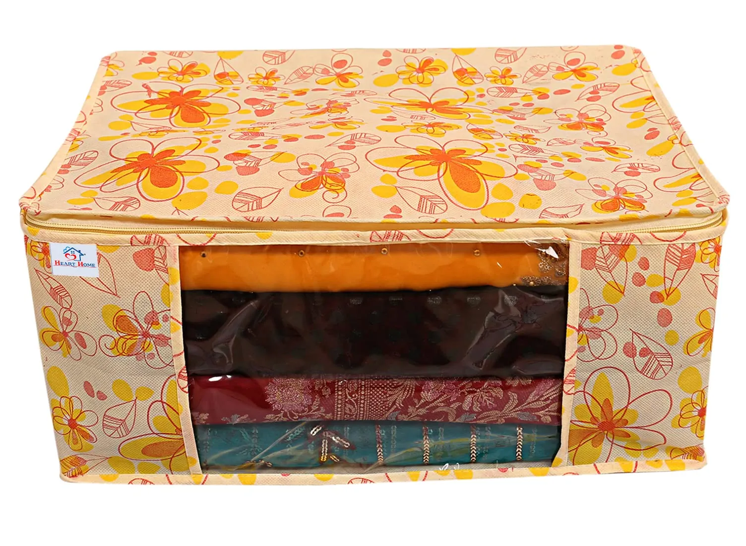 Heart Home Flower Design Non-woven Foldable Saree Cover/Clothes Storage Bag/Wardrobe Organizer With Transparent Window- Pack of 9 (Yellow)-44HH0397