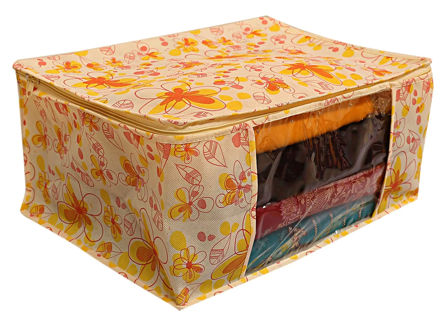 Heart Home Flower Design Non-woven Foldable Saree Cover/Clothes Storage Bag/Wardrobe Organizer With Transparent Window- Pack of 9 (Yellow)-44HH0397