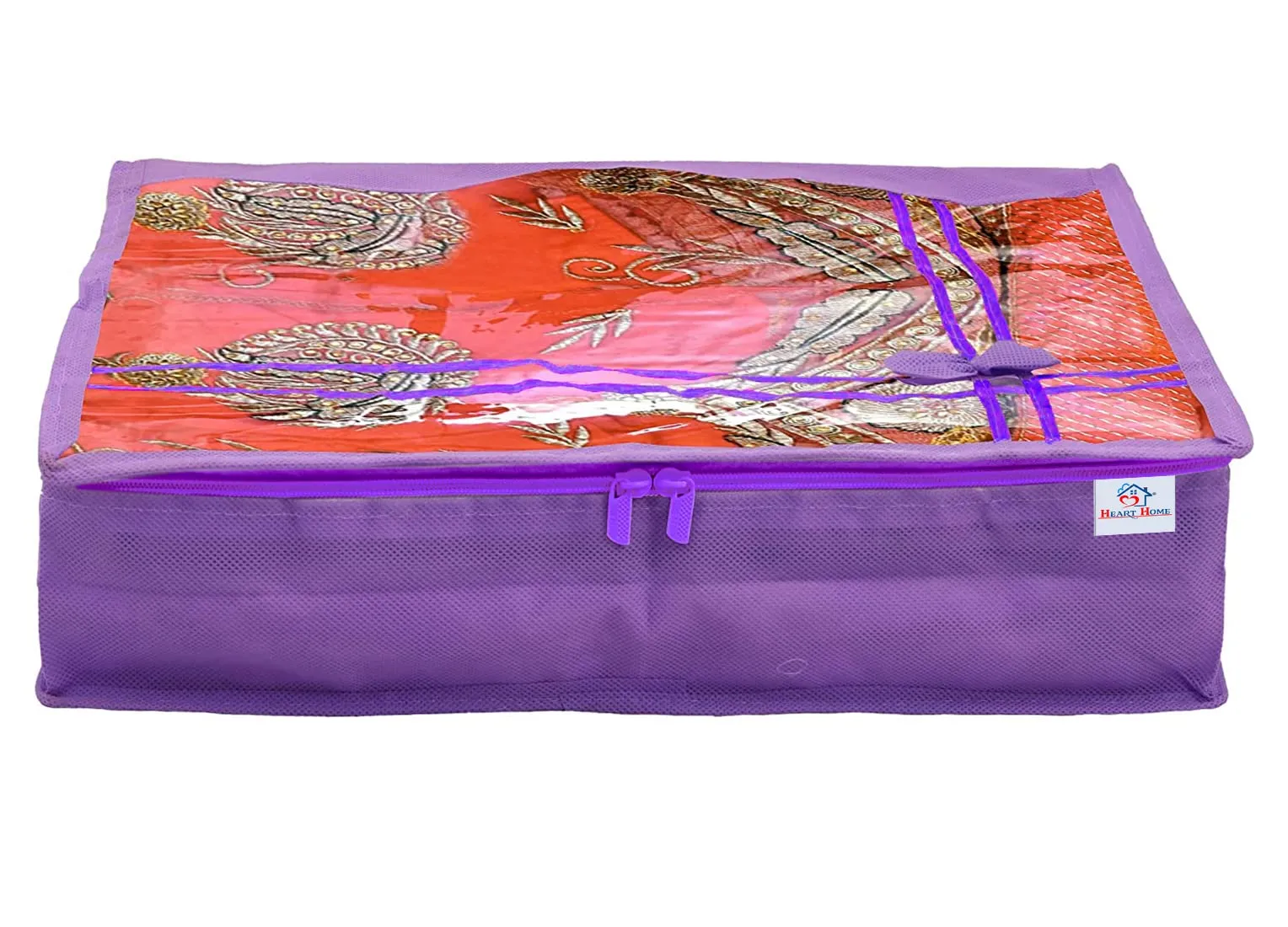 Heart Home Non-Woven Foldable Single Saree Cover, Wardrobe Organiser With Tranasparent Top- Pack of 3 (Purple)-44HH0336
