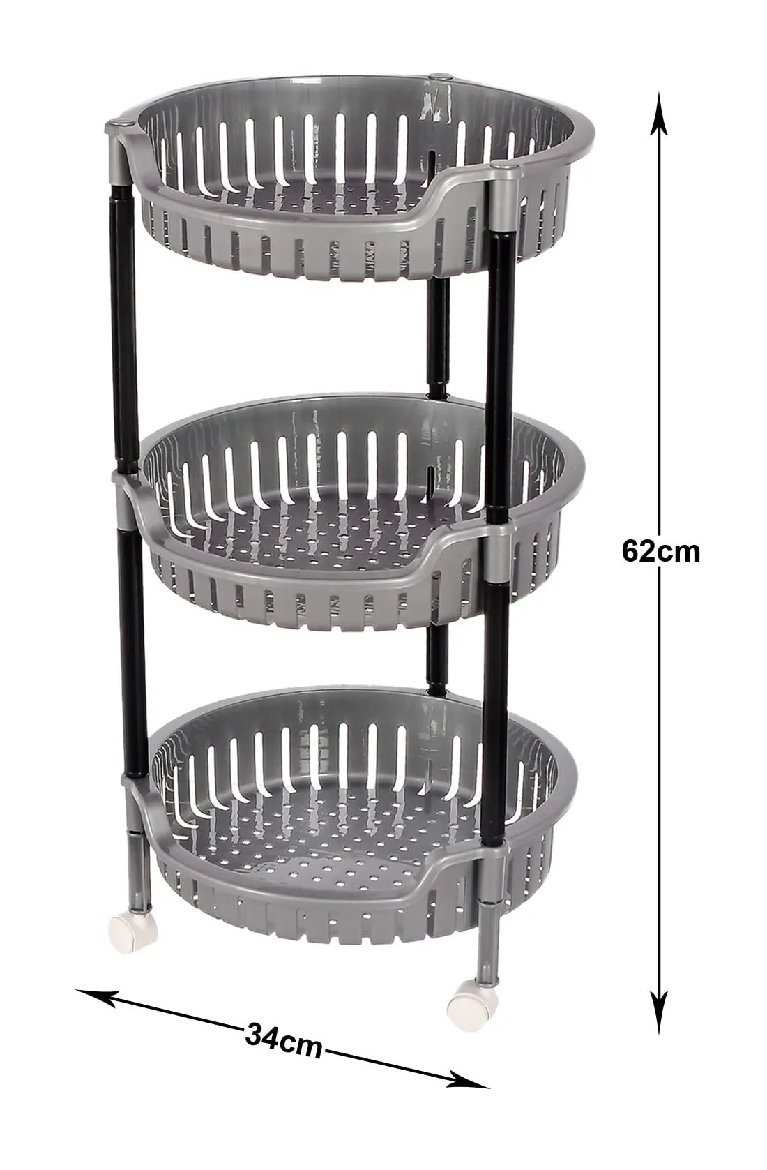 Heart Home Plastic 3-Tier Multi-Purpose Round Rolling Storage Cart Organizer Shelf Rack With Wheels (Grey) -46HH0557