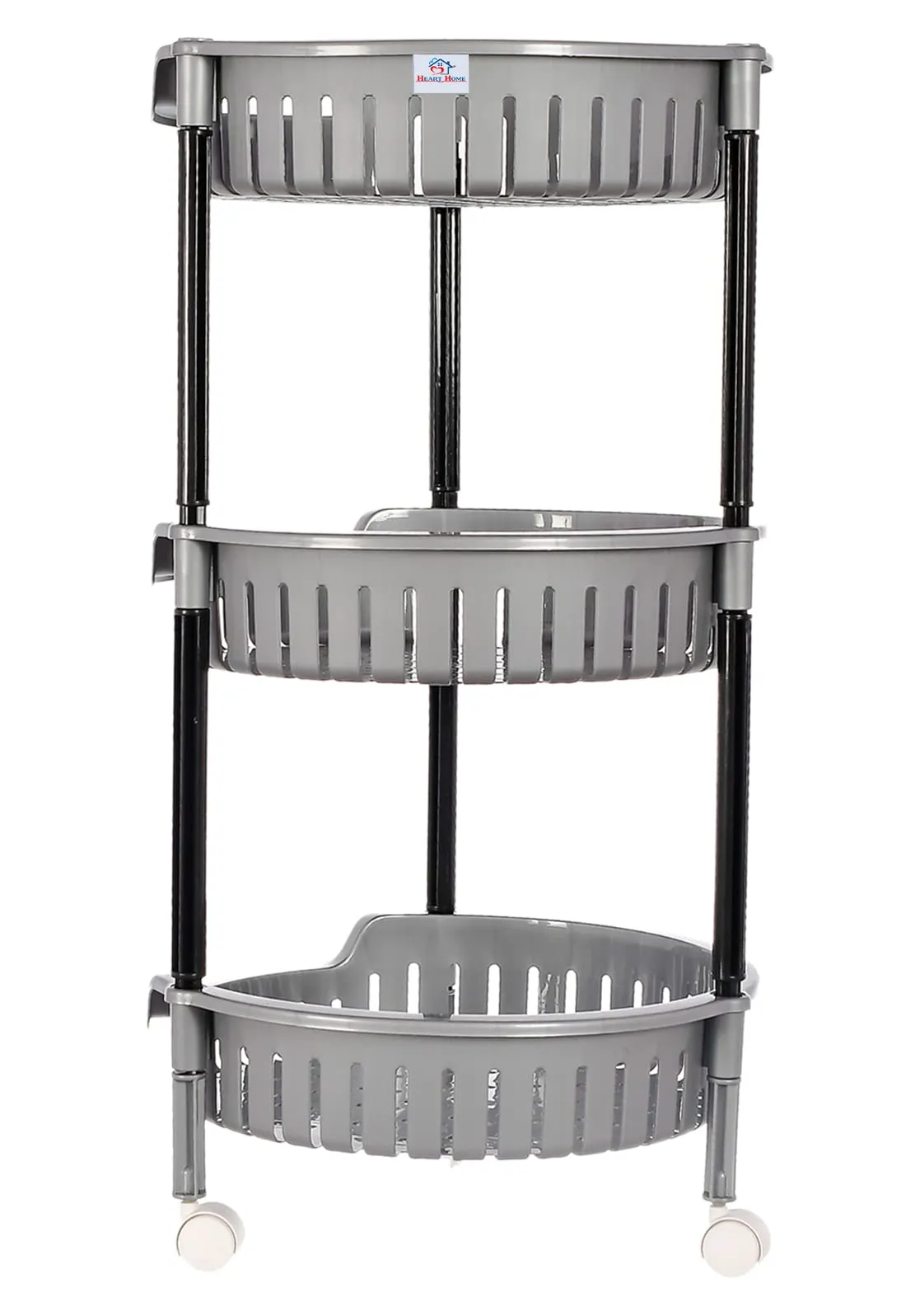 Heart Home Plastic 3-Tier Multi-Purpose Round Rolling Storage Cart Organizer Shelf Rack With Wheels (Grey) -46HH0557