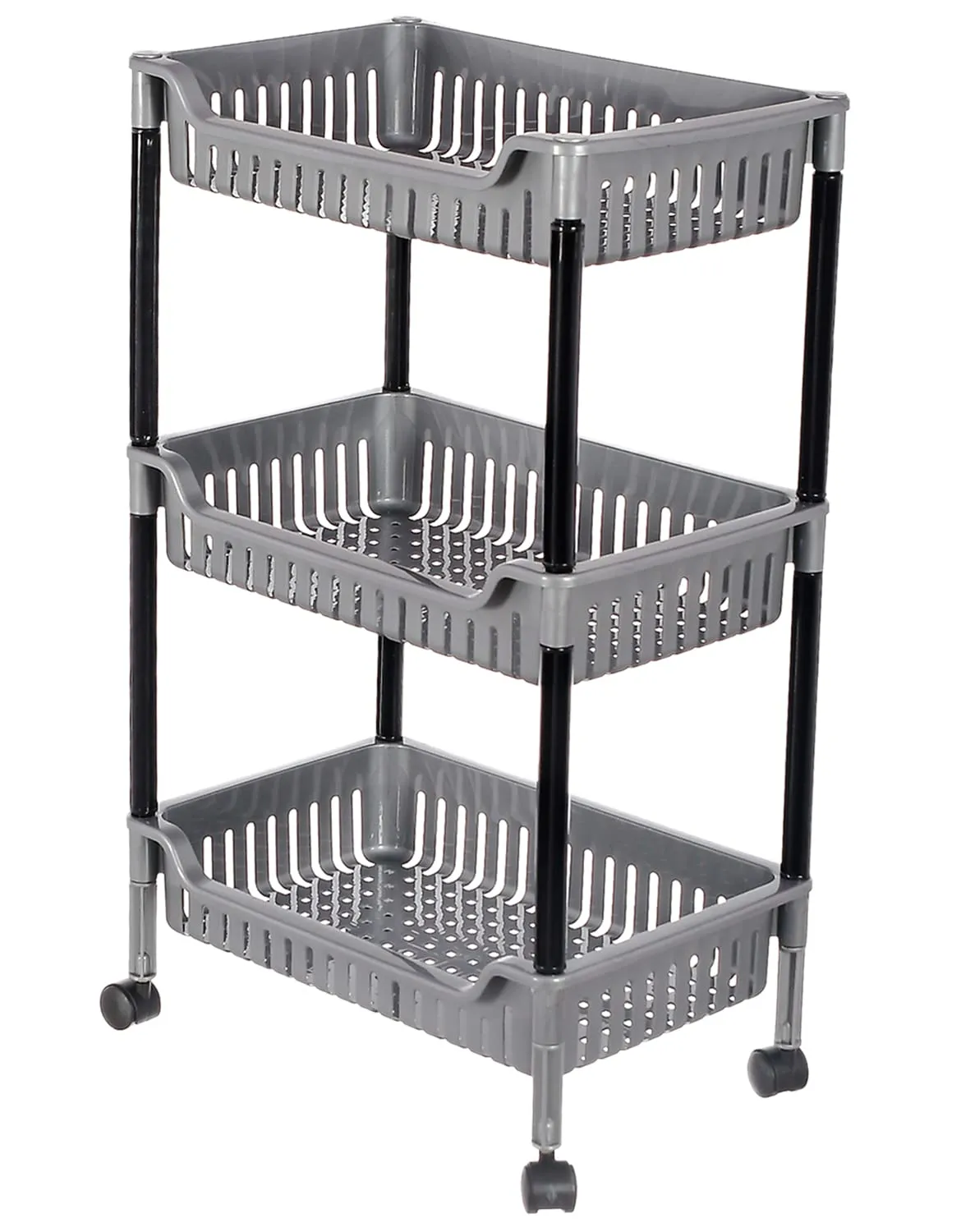 Heart Home Plastic 3-Tier Multi-Purpose Square Rolling Storage Cart Organizer Shelf Rack With Wheels (Grey) -46HH0561