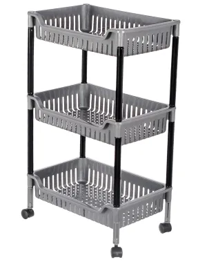 Heart Home Plastic 3-Tier Multi-Purpose Square Rolling Storage Cart Organizer Shelf Rack With Wheels (Grey) -46HH0561