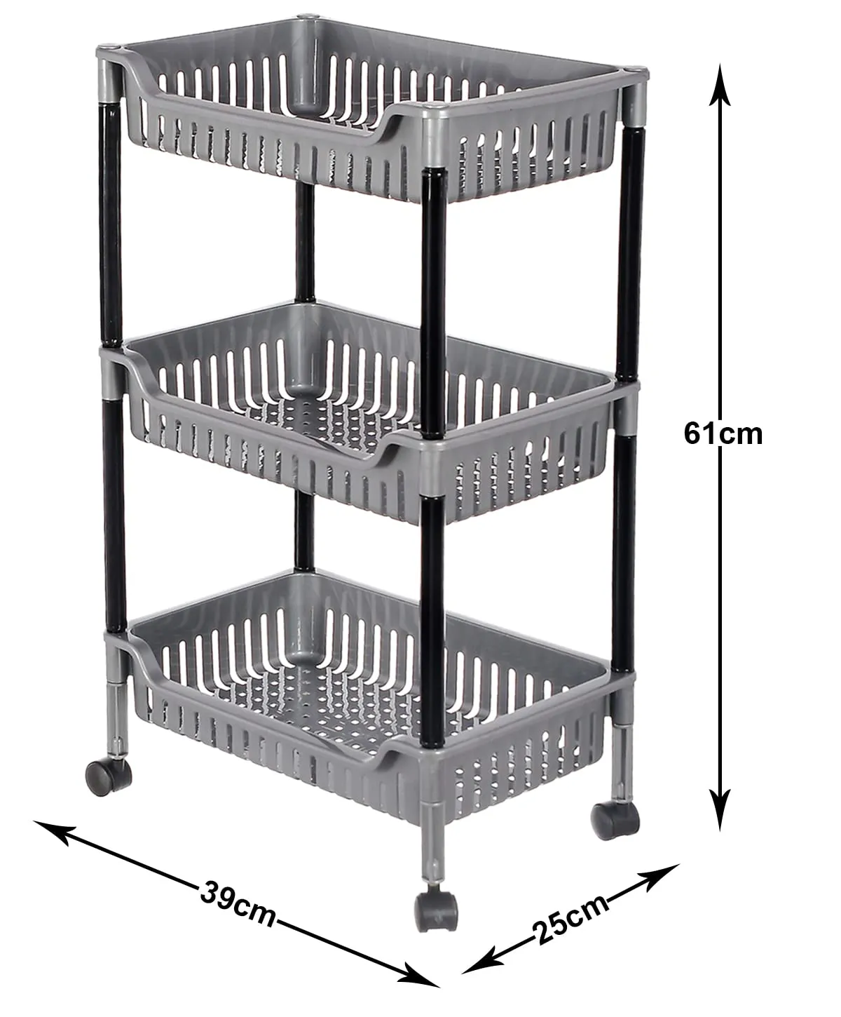 Heart Home Plastic 3-Tier Multi-Purpose Square Rolling Storage Cart Organizer Shelf Rack With Wheels (Grey) -46HH0561