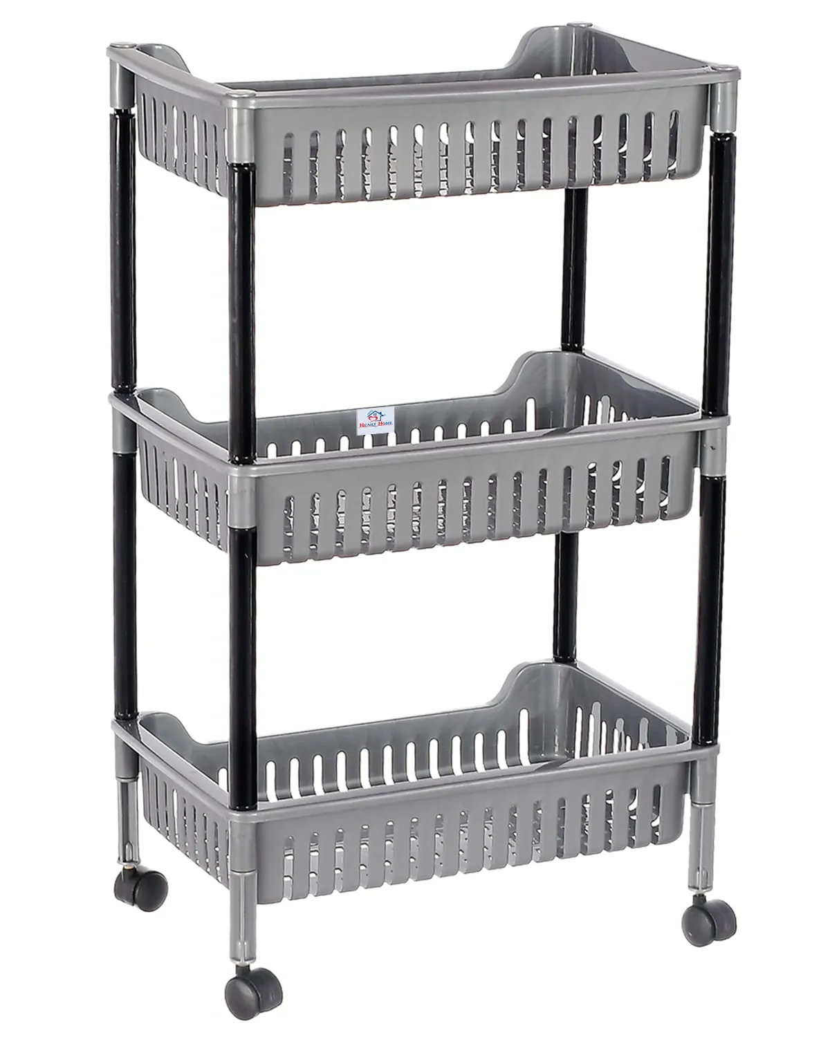 Heart Home Plastic 3-Tier Multi-Purpose Square Rolling Storage Cart Organizer Shelf Rack With Wheels (Grey) -46HH0561