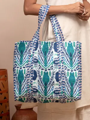 Ikat Teal & Blue Printed Quilted  Tote Bag with Inner Pocket