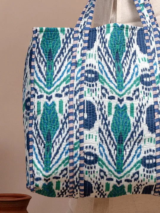 Ikat Teal & Blue Printed Quilted  Tote Bag with Inner Pocket