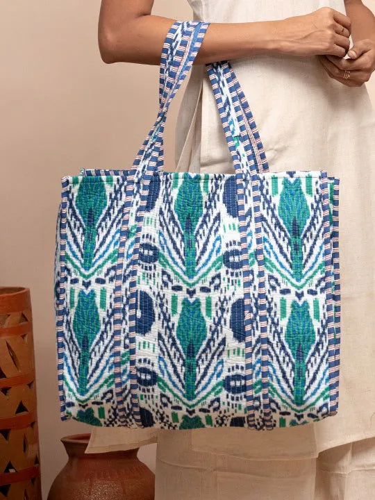 Ikat Teal & Blue Printed Quilted  Tote Bag with Inner Pocket