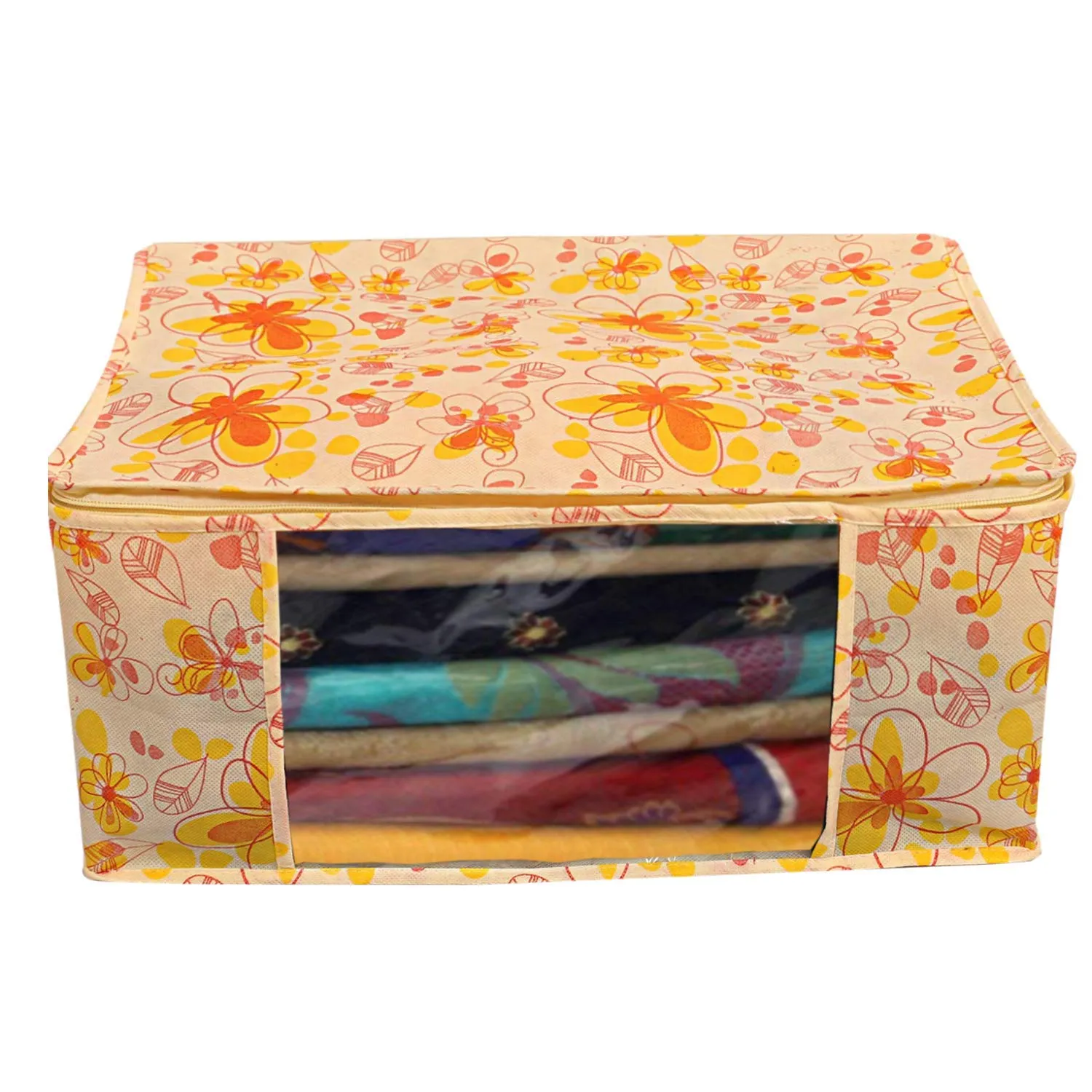 Kuber Industries Flower Printed Non-Woven Saree Cover With Tranasparent Window- Pack of 9 (Yellow)-HS43KUBMART26125