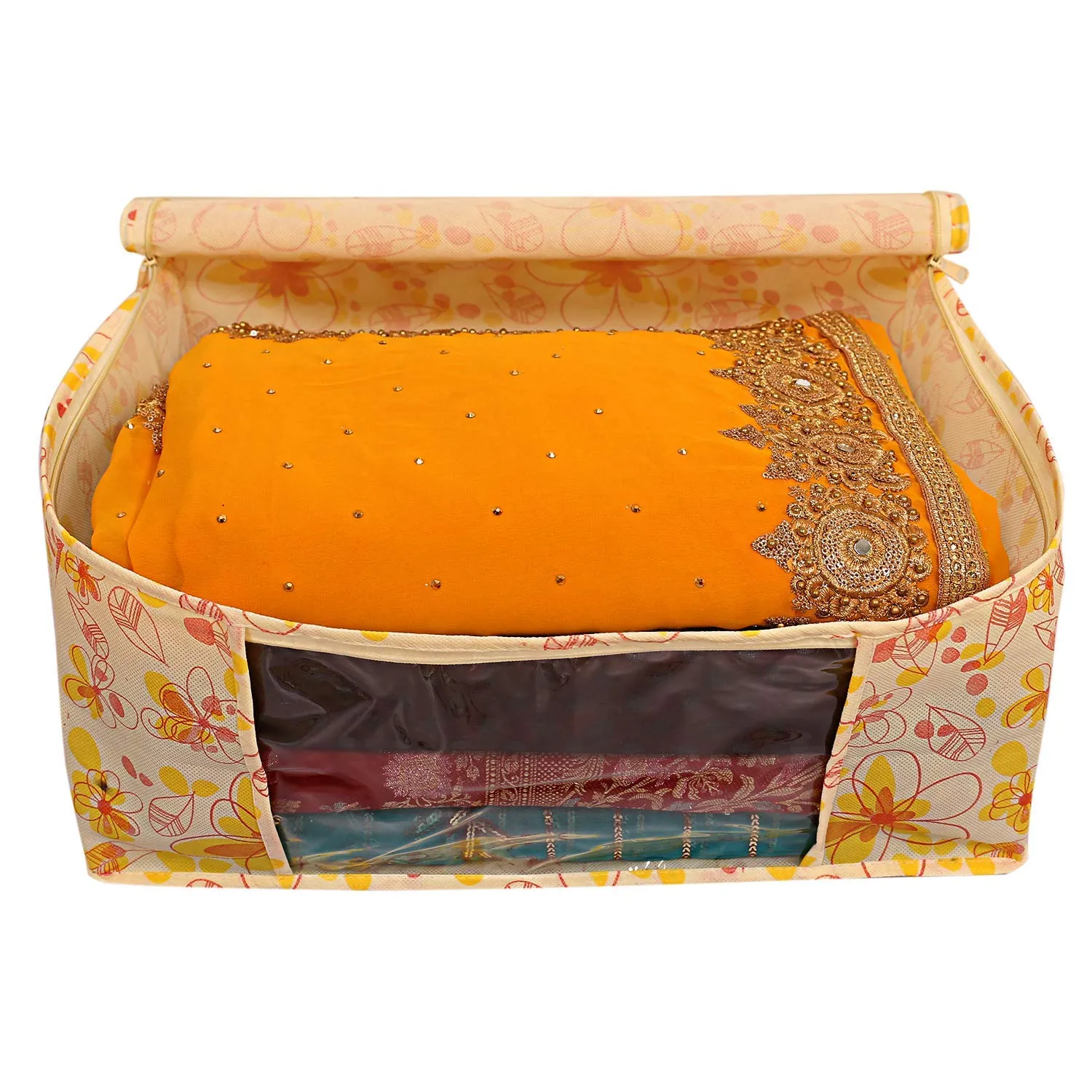 Kuber Industries Flower Printed Non-Woven Saree Cover With Tranasparent Window- Pack of 9 (Yellow)-HS43KUBMART26125