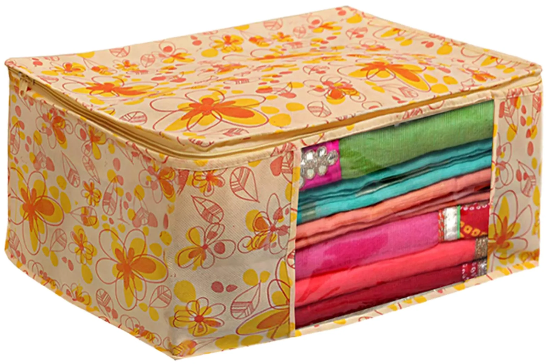 Kuber Industries Flower Printed Non-Woven Saree Cover With Tranasparent Window- Pack of 9 (Yellow)-HS43KUBMART26125