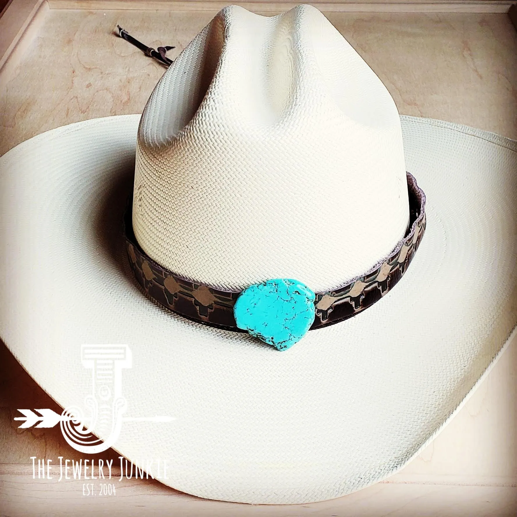 Navajo Embossed Leather Hat Band Only w/ Turquoise Slab 950e