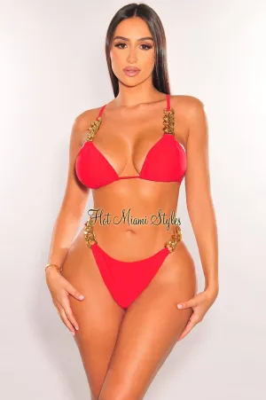 Red Gold Chain Scrunch Butt Bikini Bottom