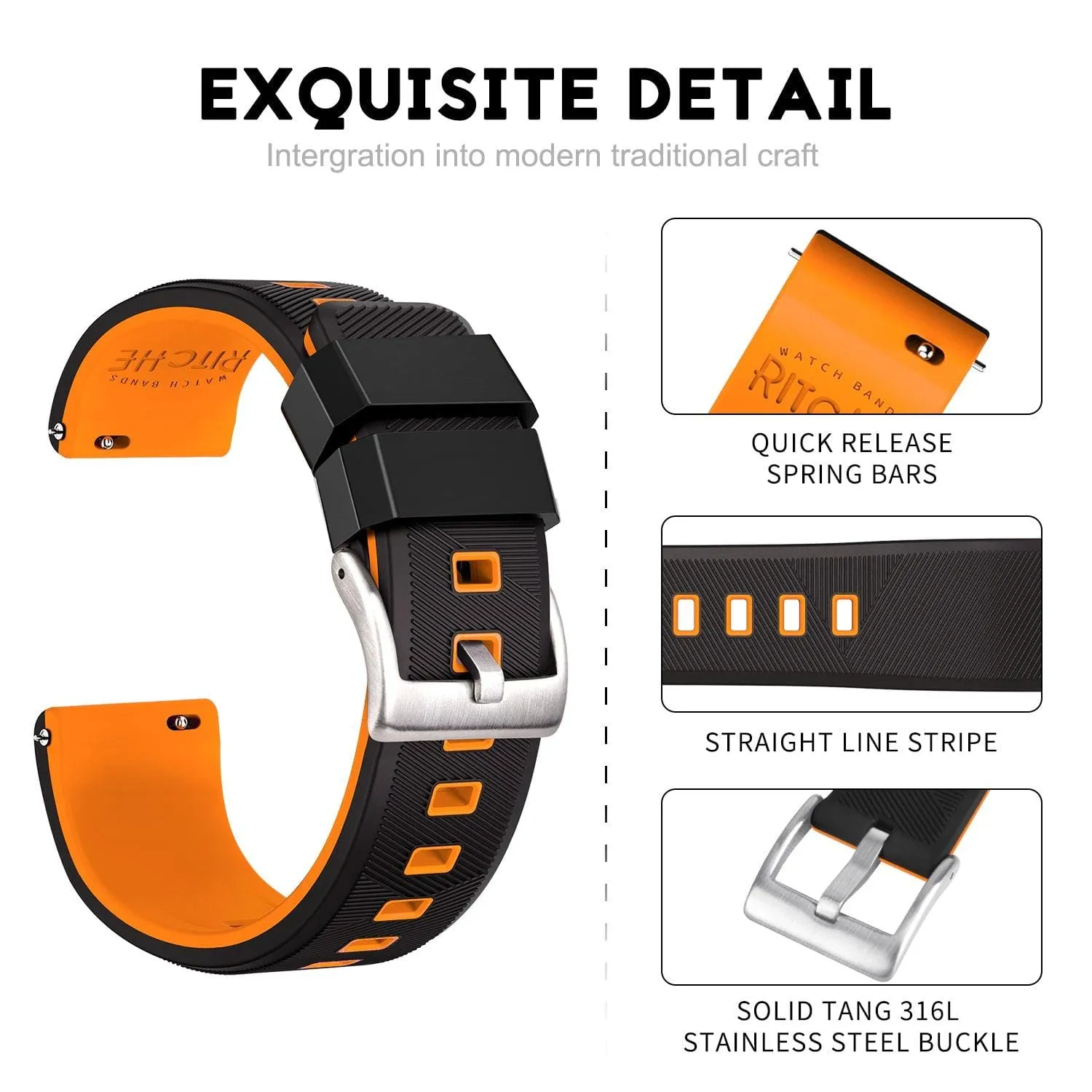 Ritche Sports Silicone Quick Release Watch Bands Straps -Black/Orange/Silver Buckle
