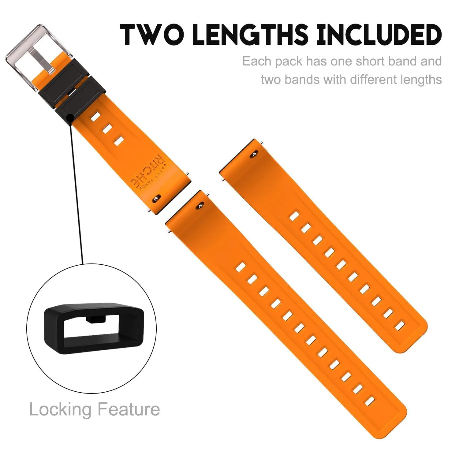 Ritche Sports Silicone Quick Release Watch Bands Straps -Black/Orange/Silver Buckle