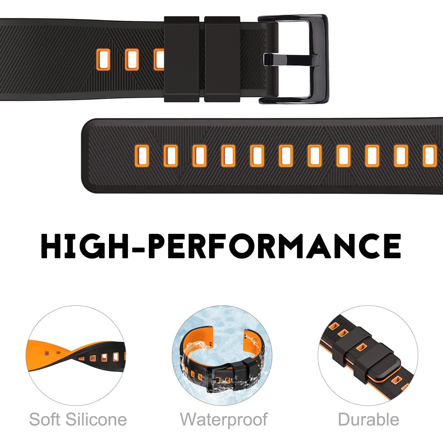 Ritche Sports Silicone Watch Bands Straps-Black/Orange/Black Buckle