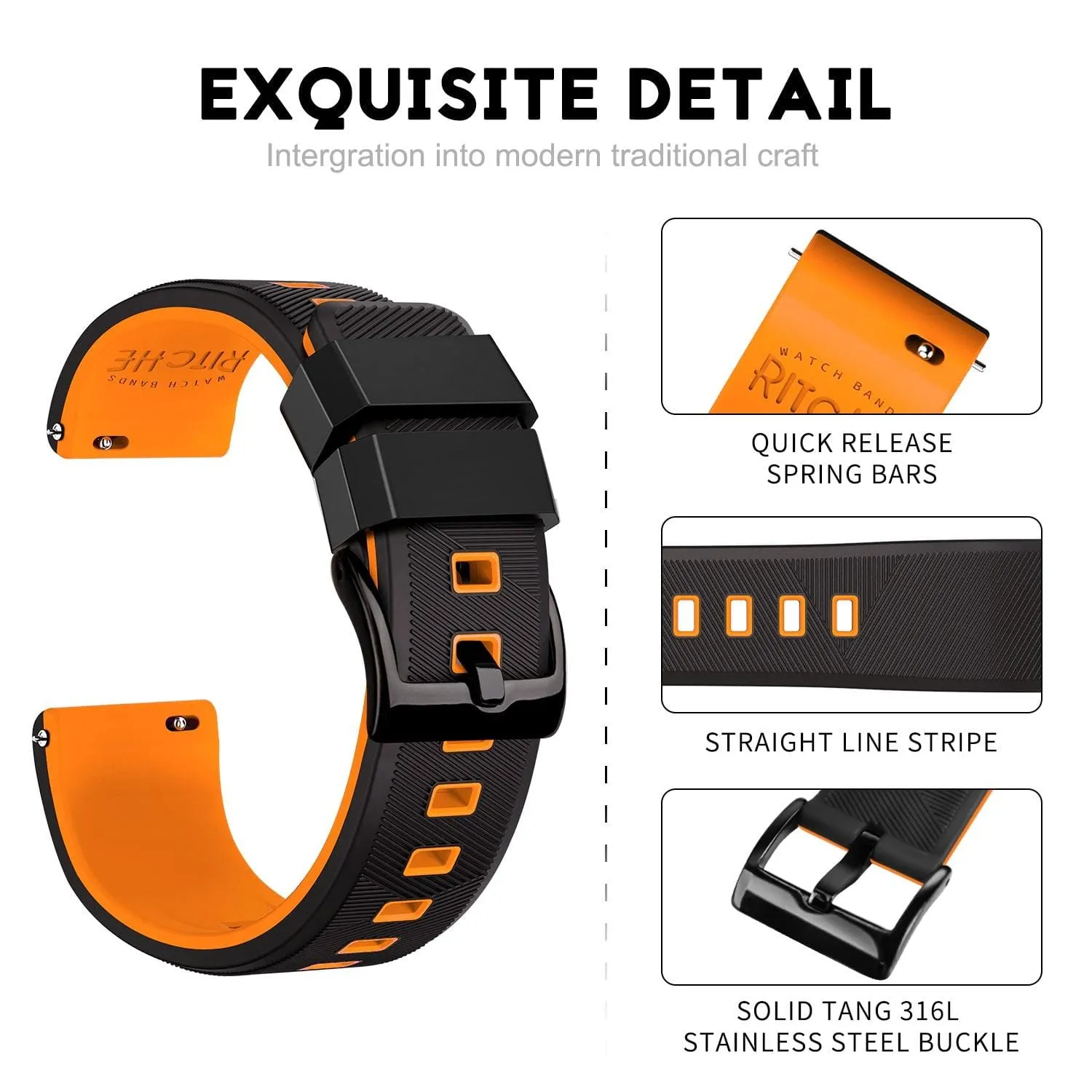 Ritche Sports Silicone Watch Bands Straps-Black/Orange/Black Buckle