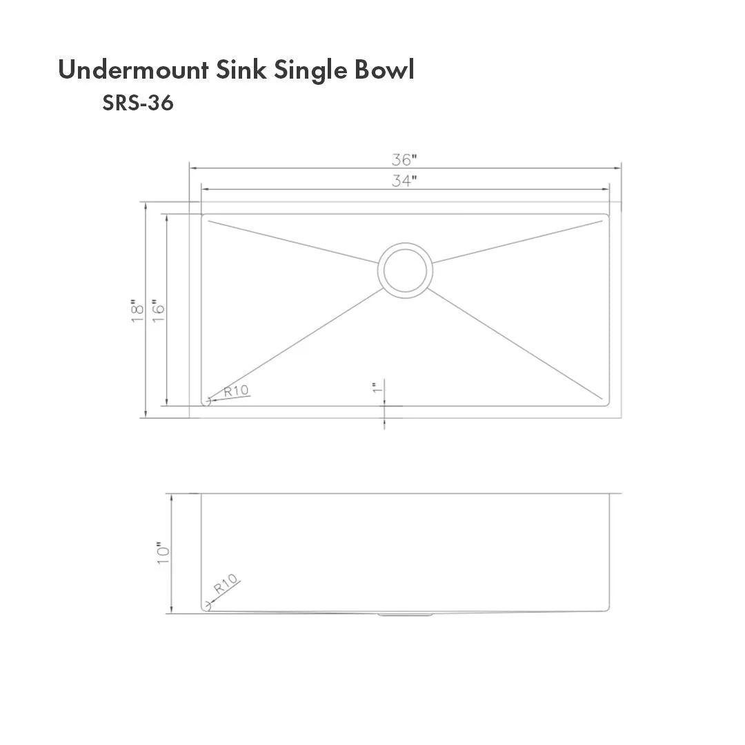 ZLINE 36" Meribel Undermount Single Bowl DuraSnow® Stainless Steel Kitchen Sink with Bottom Grid (SRS-36S)