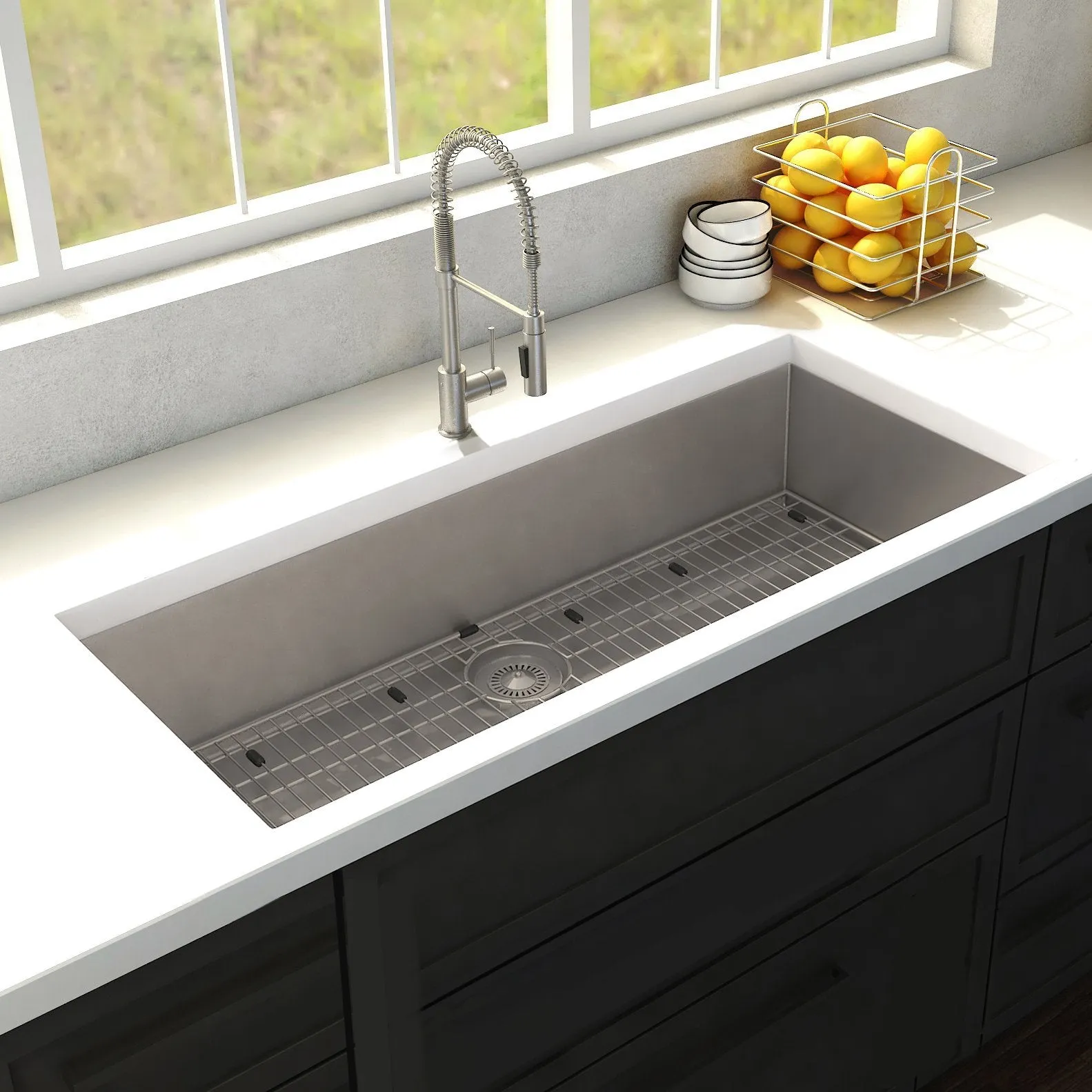 ZLINE 36" Meribel Undermount Single Bowl DuraSnow® Stainless Steel Kitchen Sink with Bottom Grid (SRS-36S)