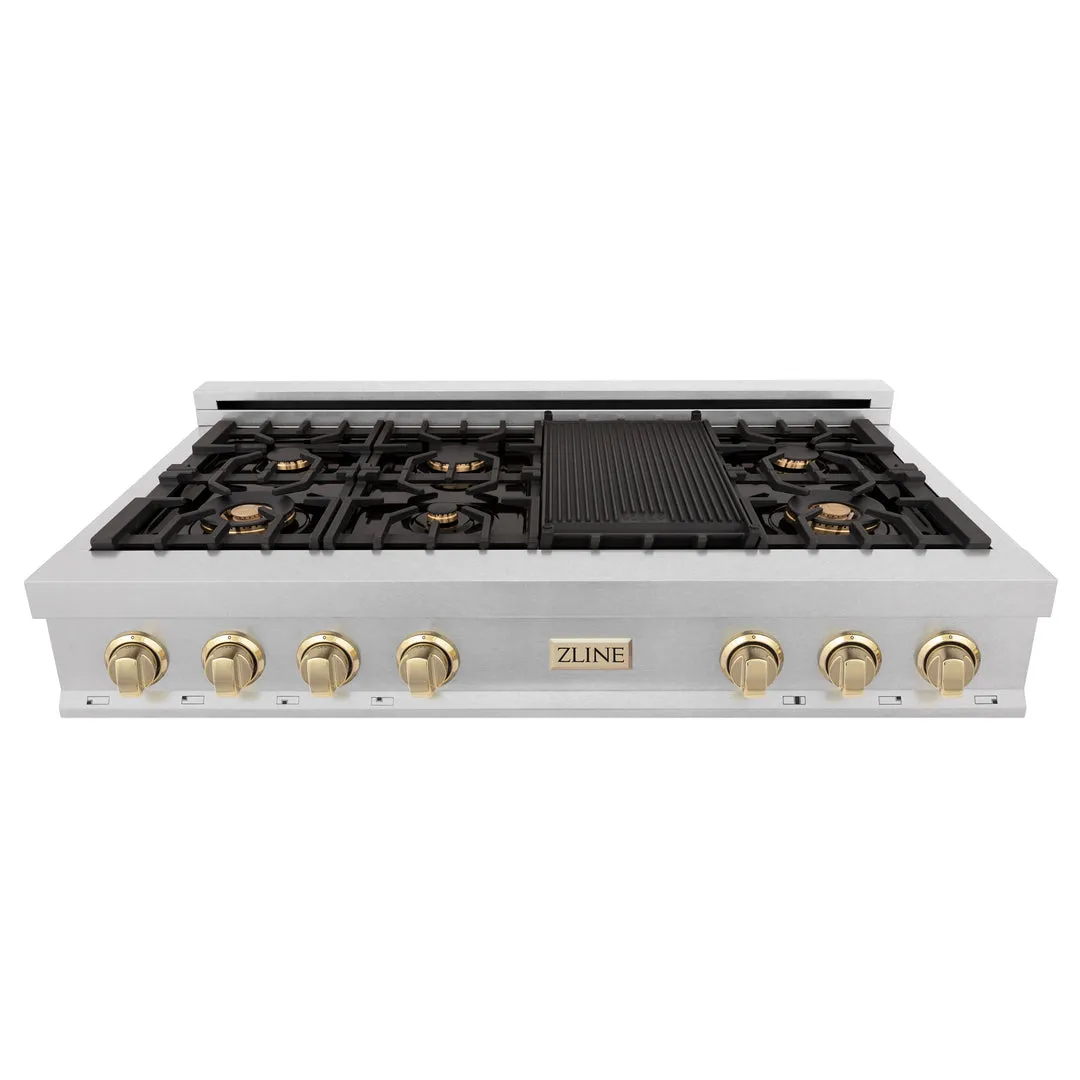 ZLINE Autograph Edition 48" Porcelain Rangetop with 7 Gas Burners in DuraSnow® Stainless Steel with Accents (RTSZ-48)