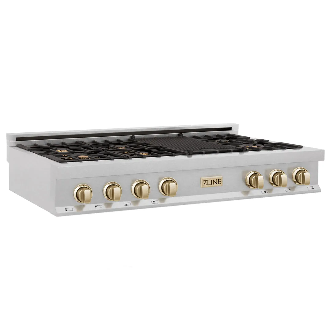 ZLINE Autograph Edition 48" Porcelain Rangetop with 7 Gas Burners in DuraSnow® Stainless Steel with Accents (RTSZ-48)