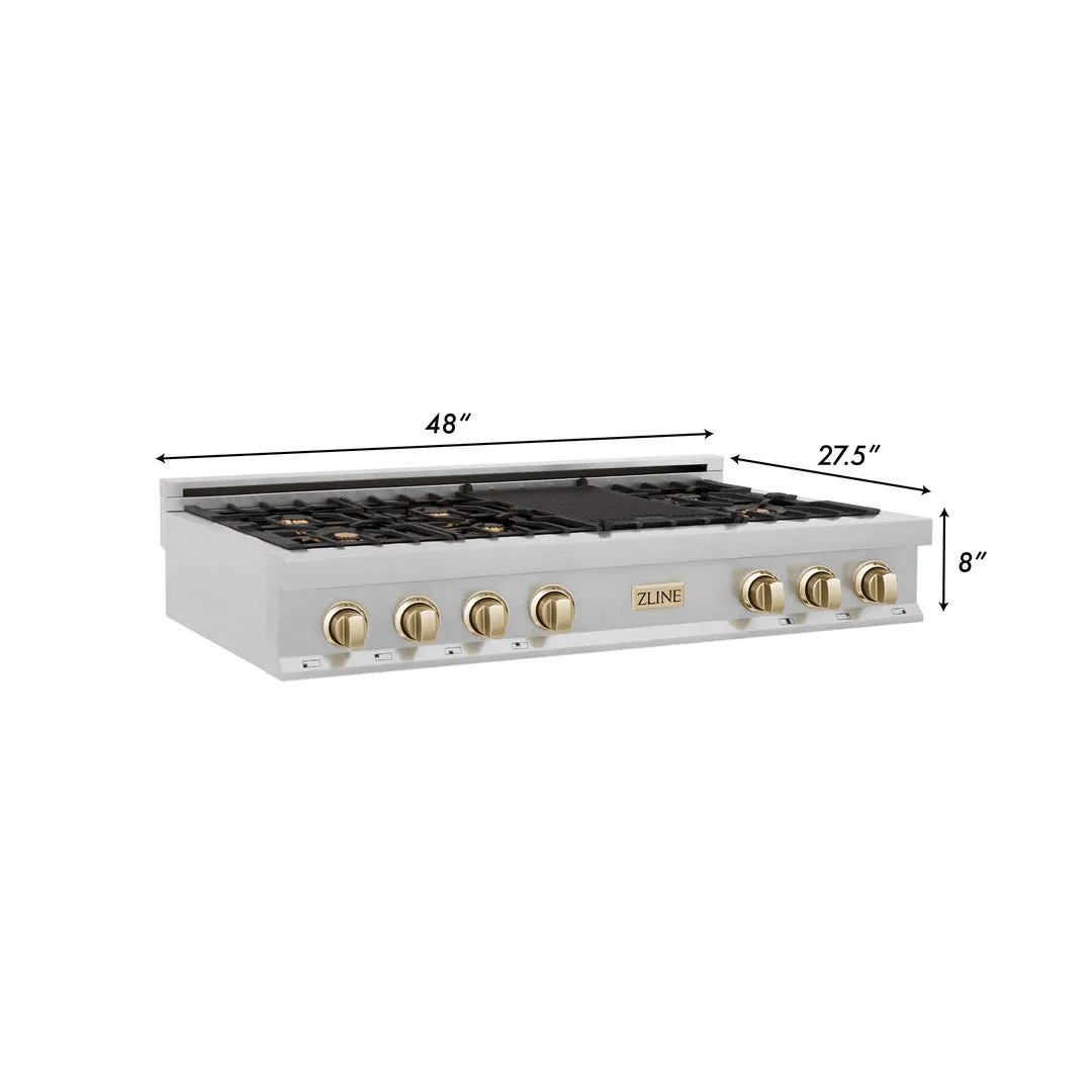 ZLINE Autograph Edition 48" Porcelain Rangetop with 7 Gas Burners in DuraSnow® Stainless Steel with Accents (RTSZ-48)