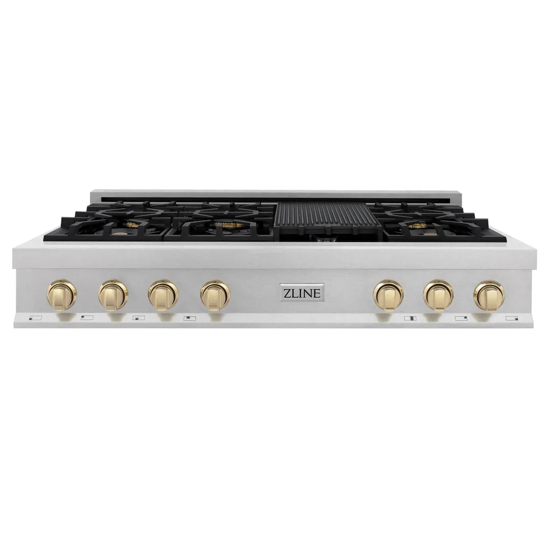 ZLINE Autograph Edition 48" Porcelain Rangetop with 7 Gas Burners in DuraSnow® Stainless Steel with Accents (RTSZ-48)