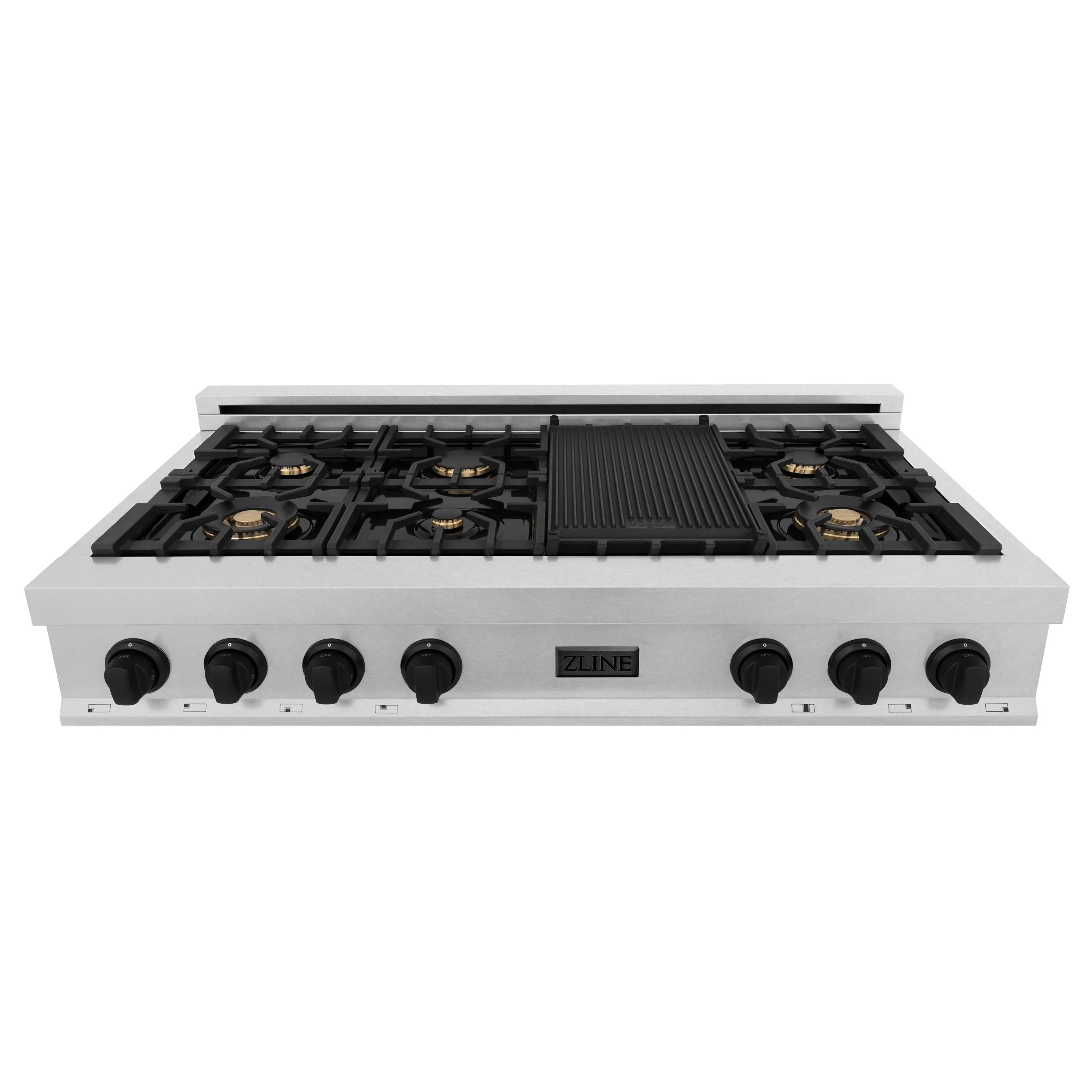 ZLINE Autograph Edition 48" Porcelain Rangetop with 7 Gas Burners in DuraSnow® Stainless Steel with Accents (RTSZ-48)