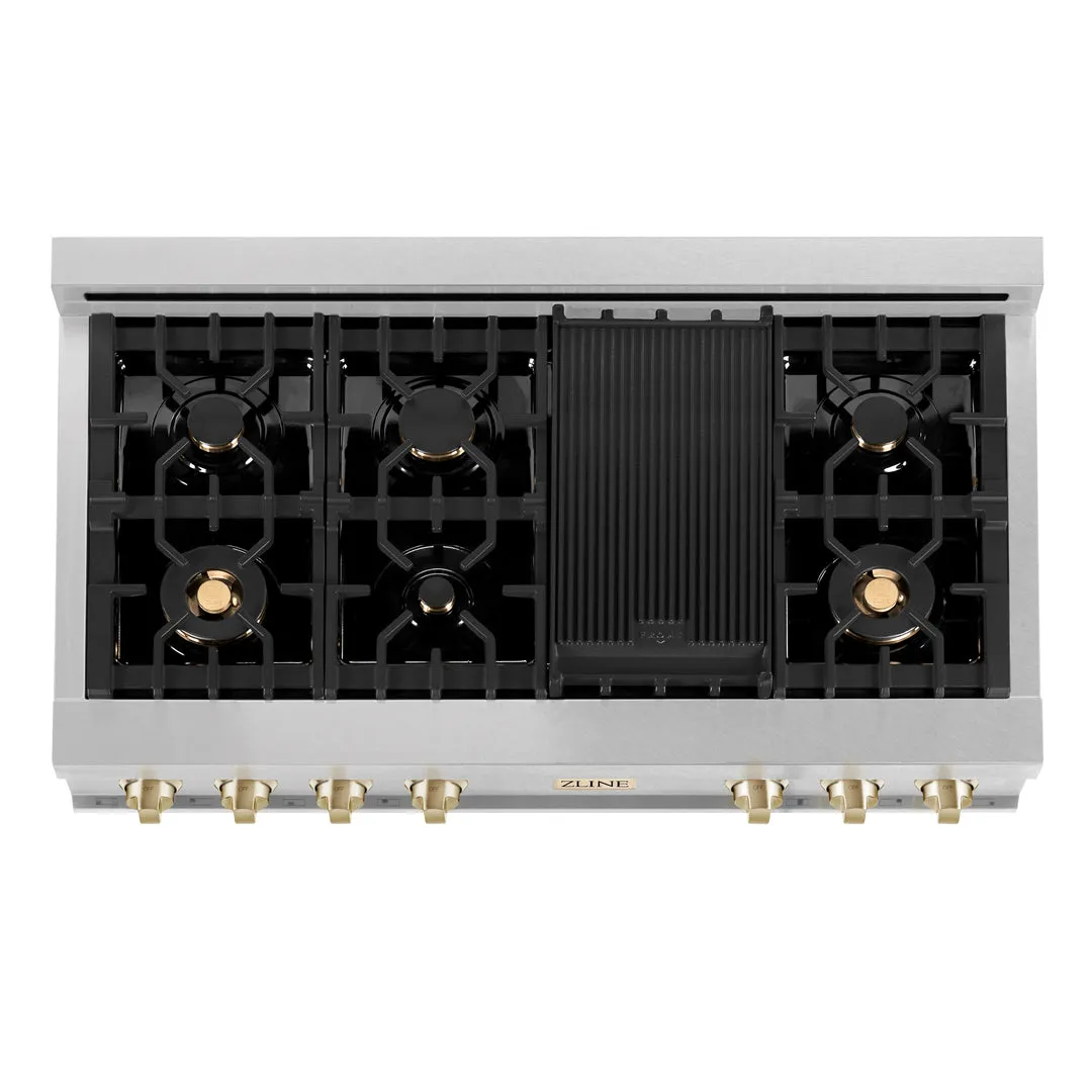 ZLINE Autograph Edition 48" Porcelain Rangetop with 7 Gas Burners in DuraSnow® Stainless Steel with Accents (RTSZ-48)