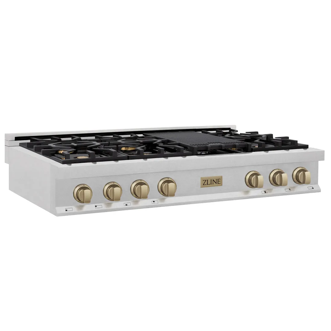 ZLINE Autograph Edition 48" Porcelain Rangetop with 7 Gas Burners in DuraSnow® Stainless Steel with Accents (RTSZ-48)